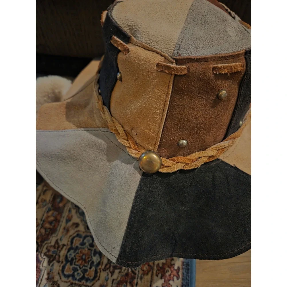 Vintage‎ Patchwork Suede Bucket Hat Wide Brim Braided Detail Button Accent
